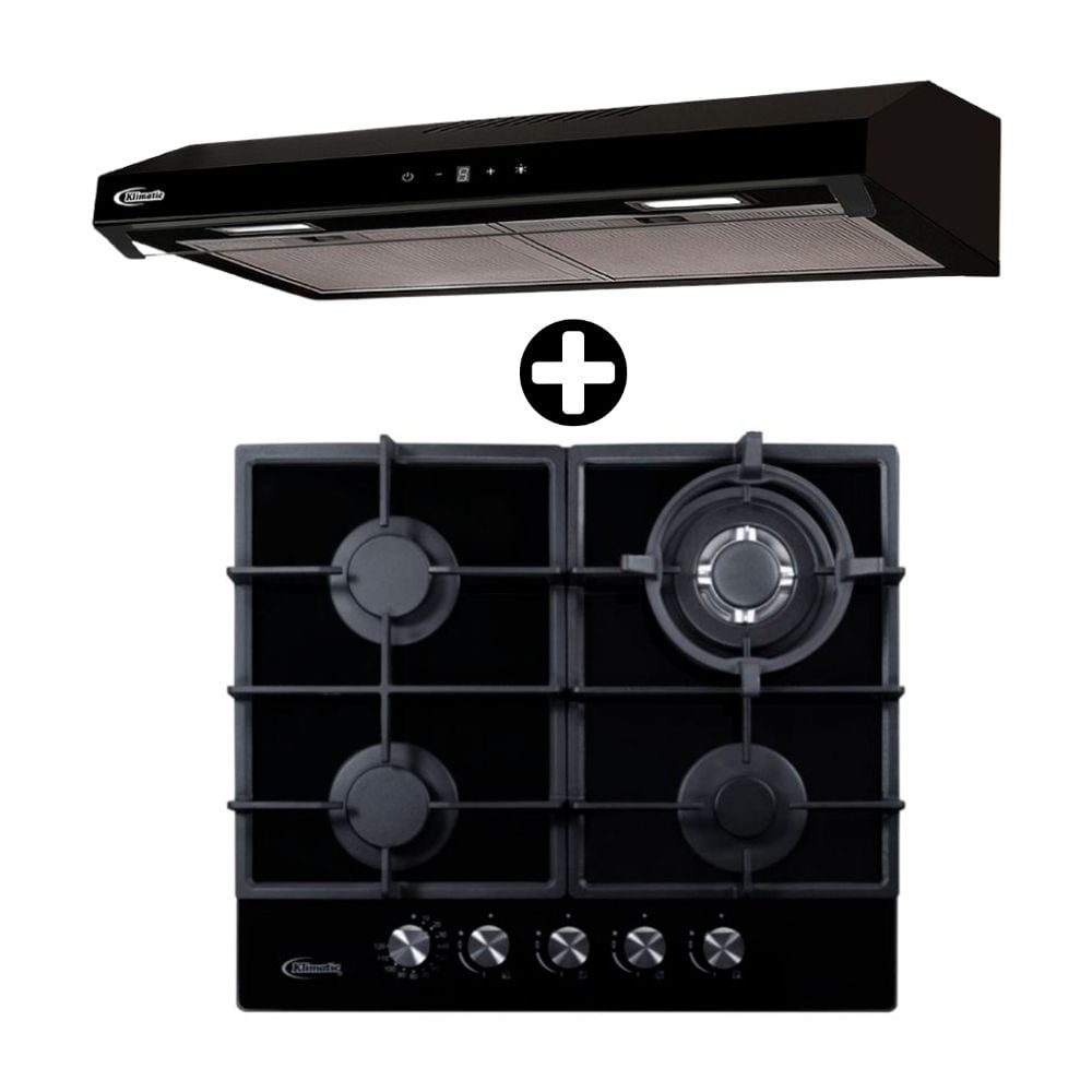 COMBO Klimatic: Cocina Empotrable Trevi 60 Vidrio Templado Negro 60cm + Campana Extractora 60cm Vento Black Plus