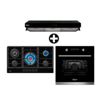 COMBO Klimatic: Cocina empotrable Vulcano 5 hornillas + Campana Extractora 90cm Haarlem Negro + Horno Empotrable a Gas Bonn Negro con Rosticero y Luz