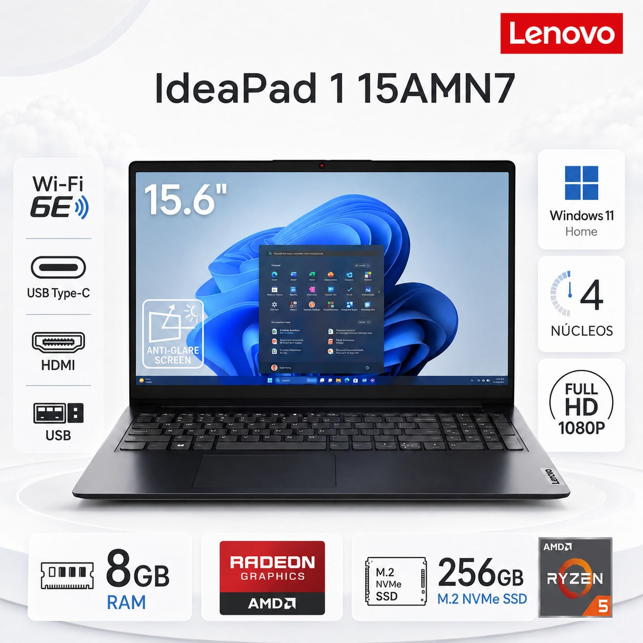 Laptop Lenovo IdeaPad 1 15AMN7 AMD Ryzen 5 7520U 8GB RAM 256GB SSD 15.6  FHD Abyss Blue 82VG00WXUS