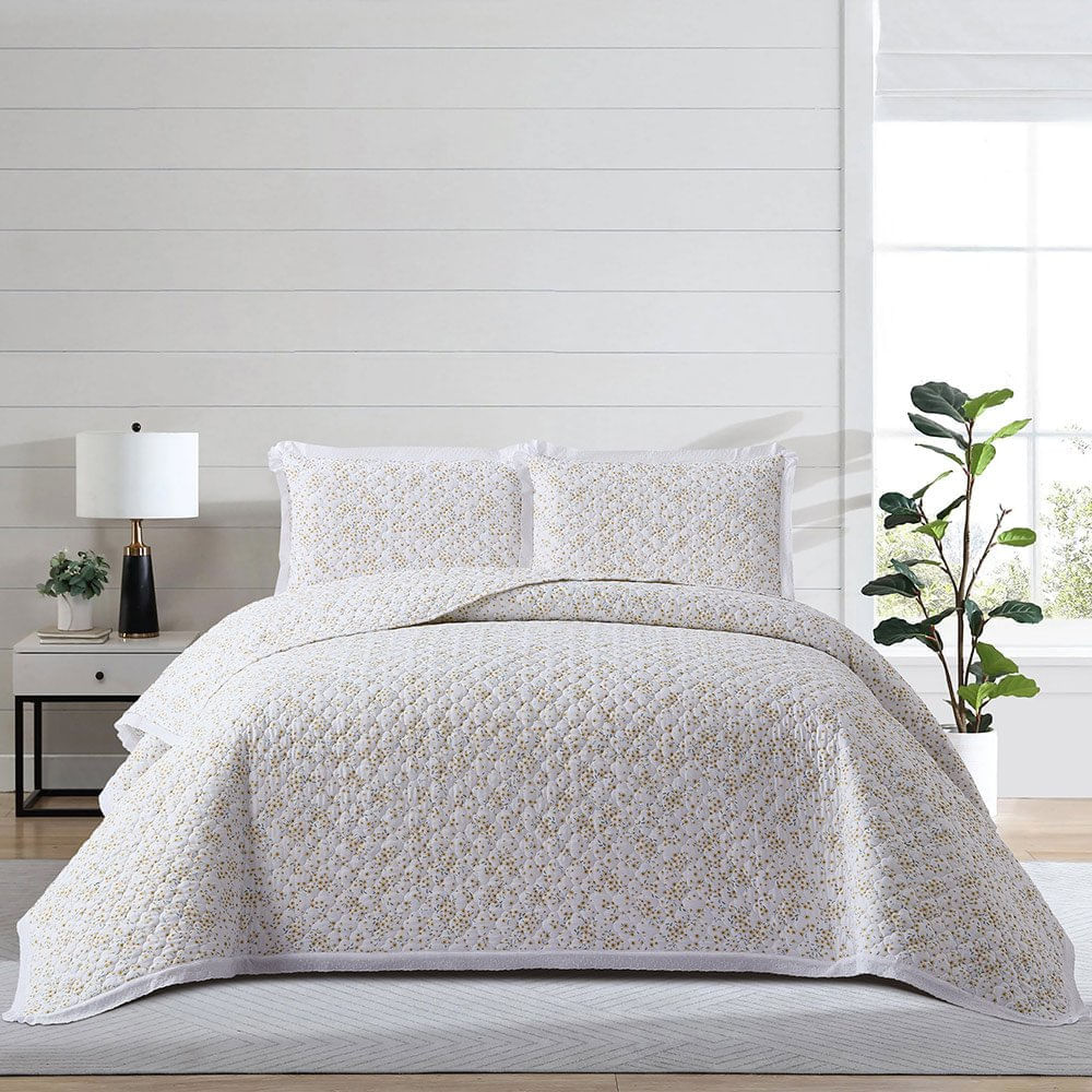Set Cubrecama Pv27 Print Flores Off White