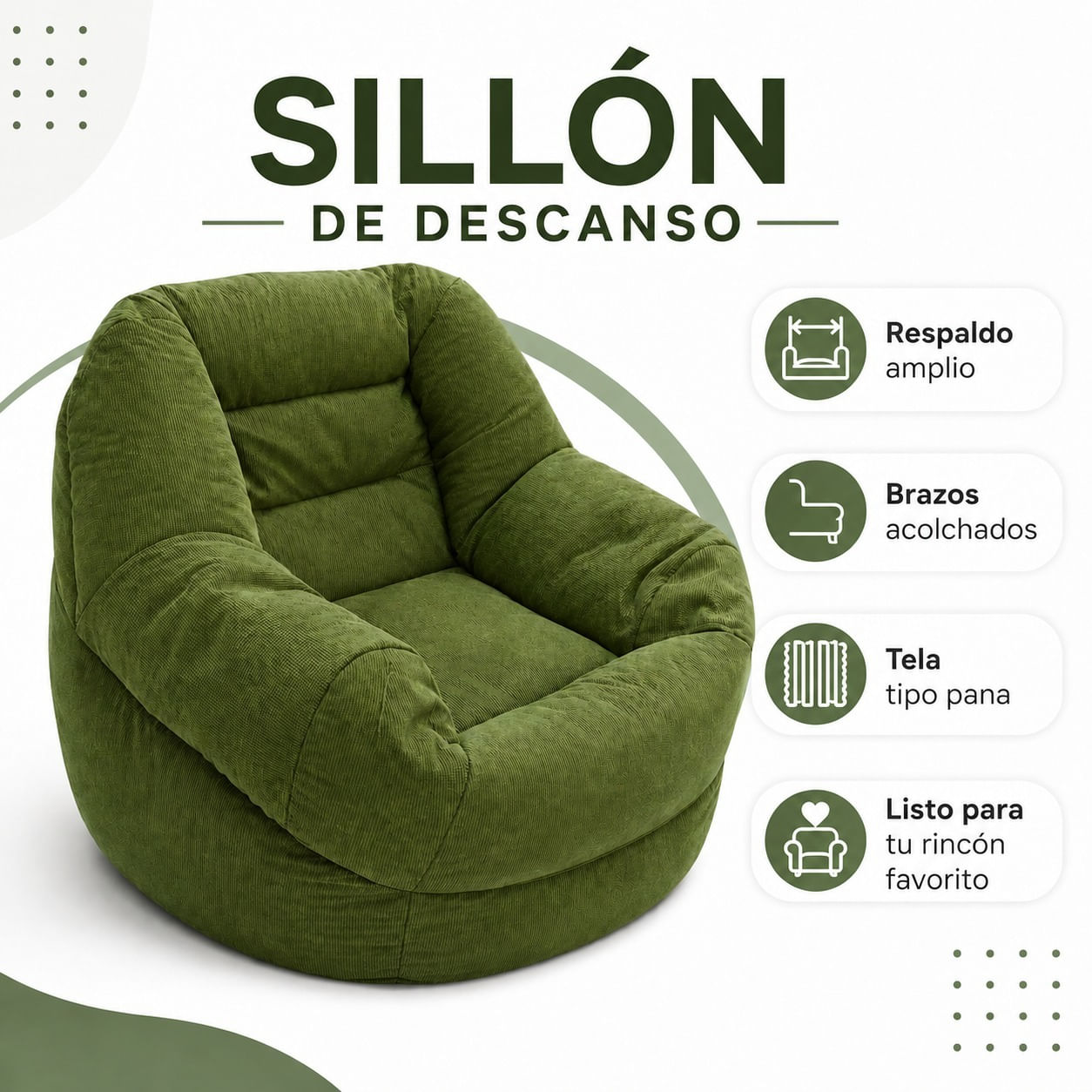 Sillón Sofá Ergonómico de Tela Pana Premium Relleno de Poliestireno Lavable Color Verde.