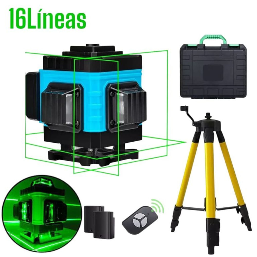 Nivel Láser 16 Líneas 4D Luz Verde 360° - Kit Completo de Construcción con Maletín y Trípode
