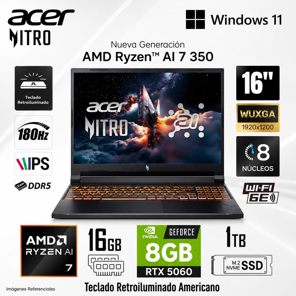 Laptop Gamer Acer Nitro V16 Ryzen AI 7 350 16GB 1TB SSD RTX 5060 16 WUXGA 180Hz ANV16-61-R0YW