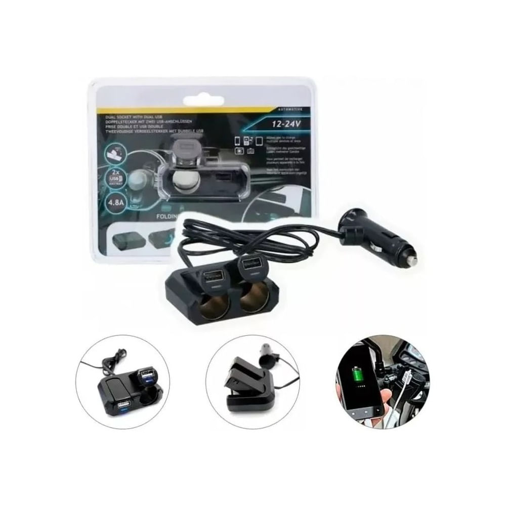 Cargador USB Cigarrera Doble Divisor 12-24V 48A 2x Clgarrera  2x USB