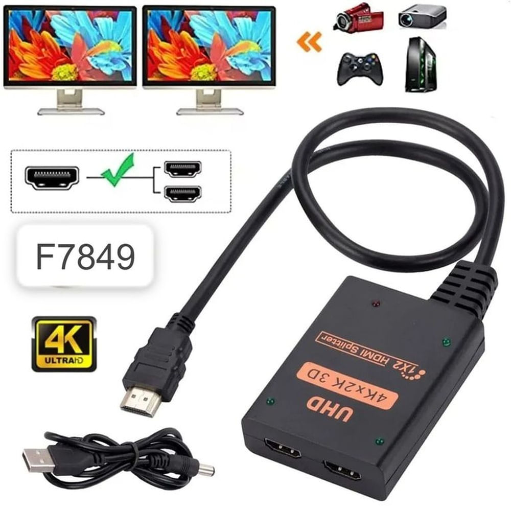 Splitter Hdmi 1x2 Full HD 4K con Cable Multiplica Señal Conecta 2 tv