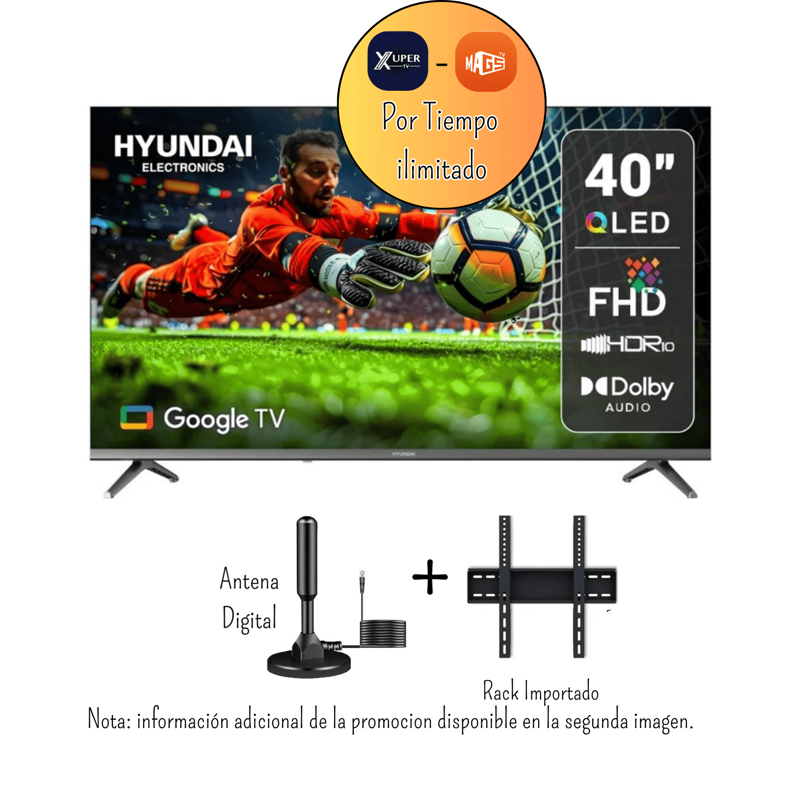 TELEVISOR HYUNDAI 40 PULGADAS QLED FHD Google Tv HYLED4029QG - ANTENA DIGITAL - RACK IMPORTADO