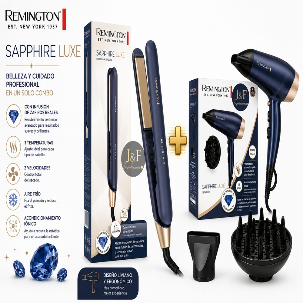 SECADORA Y PLANCHA ALISADORA REMINGTON SAPPHIRE LUXE DE CERAMICA ANTI FRIZZ CON ZAFIROS REALES