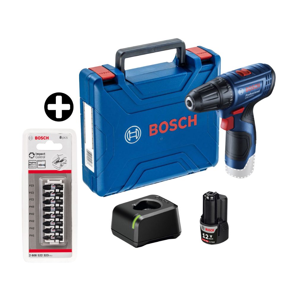 COMBO Atornillador 12V GSR 120 + 1 Batería + Set punta PH2 x 25mm Impact Control 8 piezas Bosch