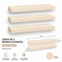Juego de 3 Repisas Flotantes Rectas Color Toquilla 60x20 x 3.6 cm de Melamina Pelikano