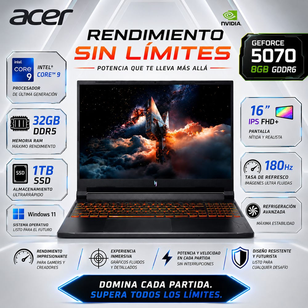 Laptop Gamer Acer Nitro V16 Core 9 270H 32GB 1TB SSD RTX 5070 16  FHD 180Hz ANV16-72-933F