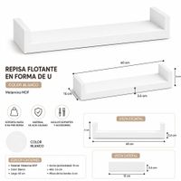 Repisa Flotante en U Blancas 60x15 X 3.6 cm de Melamina Pelikano