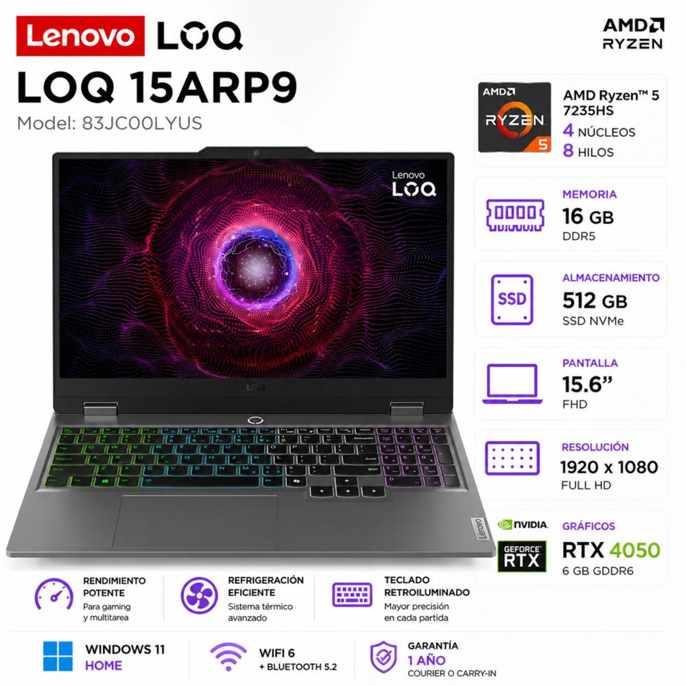 Laptop Gamer Lenovo LOQ 15ARP9 15.6 FHD Ryzen 5 16GB RAM 512GB  RTX 4050 6GB 1 - 83JC00LYUS