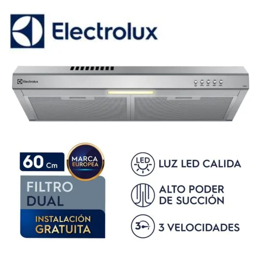 Campana Extractora Electrolux DE6SS 60cm Alto Poder de Succión e iluminación LED Inox