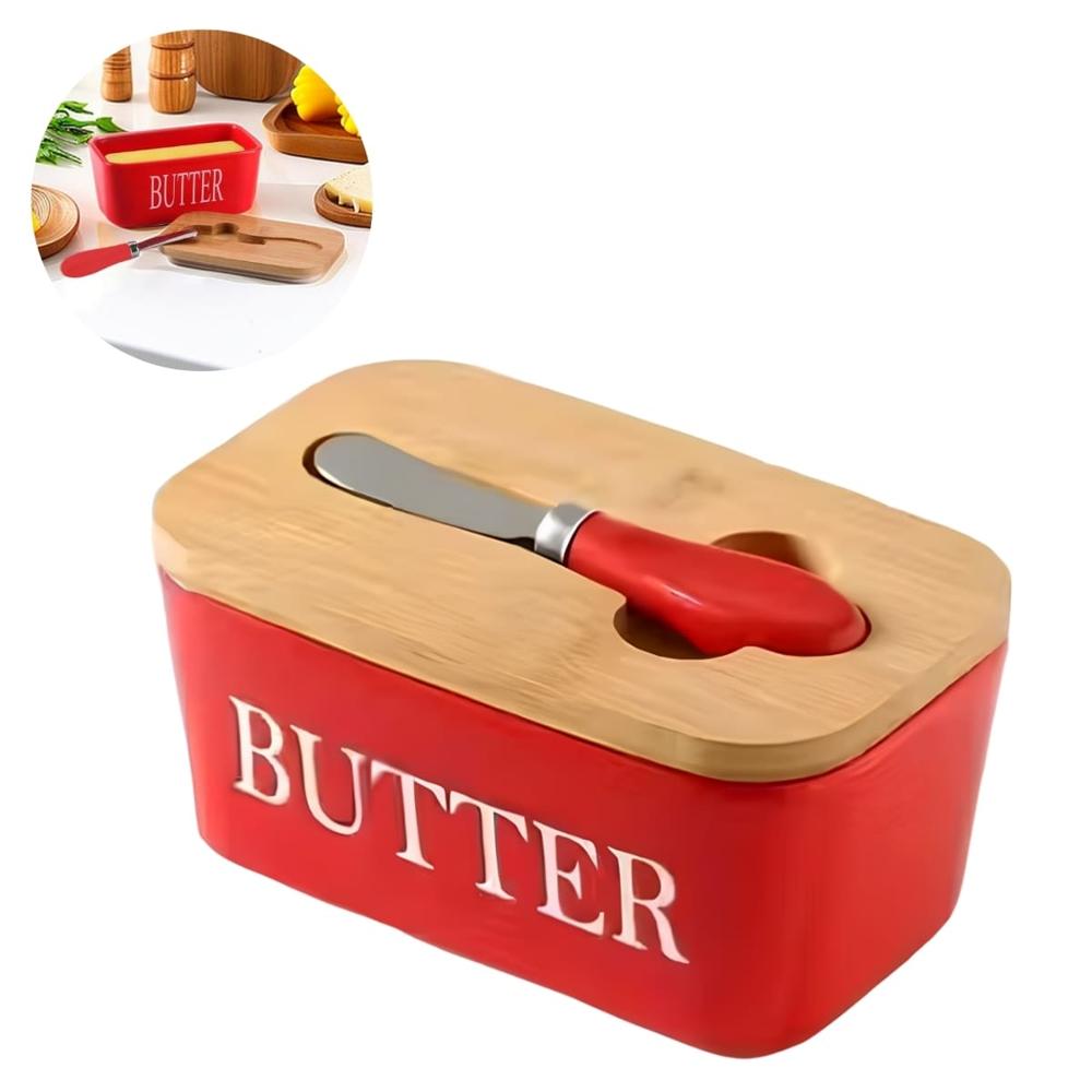 Mantequillera de Cerámica con Tapa de Bambú y Cuchillo Rojo  580RJ01