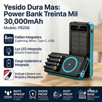 Power Bank Yesido 30000mAh con Cables Integrados Carga Rapida y Linterna LED.