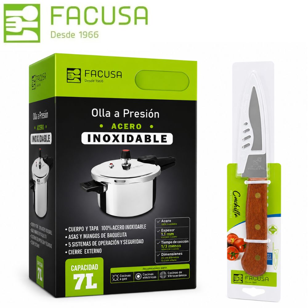 Promo Facusa Olla Presion de 7Lt Acero Inoxdable  Cuchillo