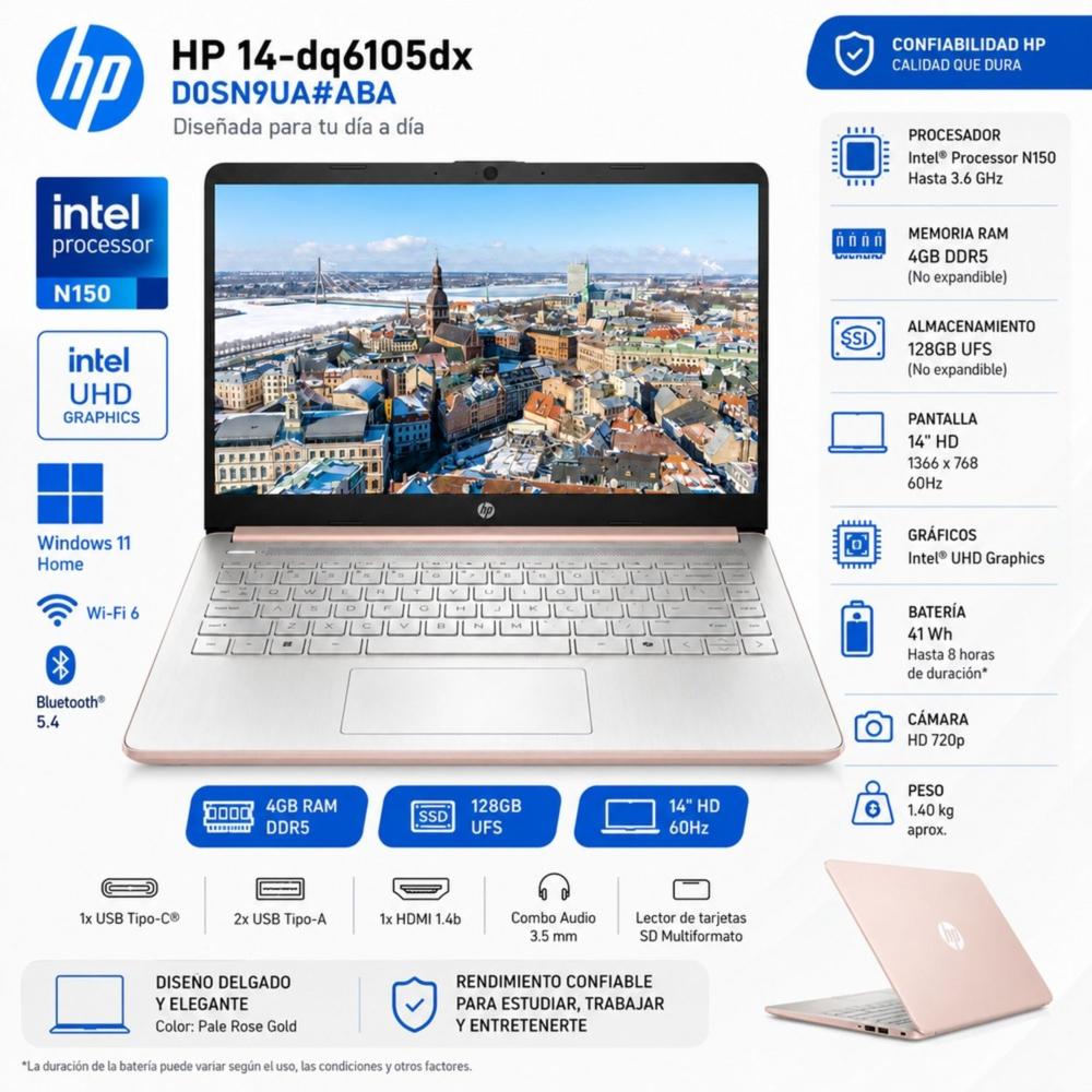 Laptop HP Intel N150 4GB DDR5 128GB UFS 14  HD Intel UHD 14-dq6105dx
