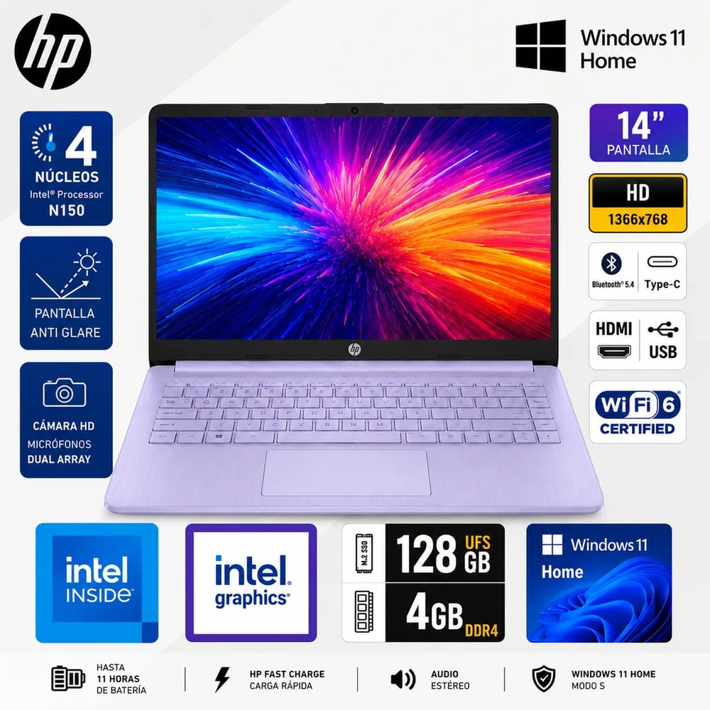 HP 14-DQ6104 Intel N150 128GB UFS 4GB 14  1366x768  WIN11 HONEY LAVENDER