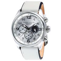 Reloj Perry Ellis GT 01007-01 Fecha Cronómetro Correa Cuero Blanco Dial Plateado
