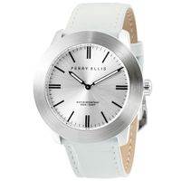 Reloj Perry Ellis Slim Line 46 03013-01 Correa de Cuero Blanco Dial Plateado