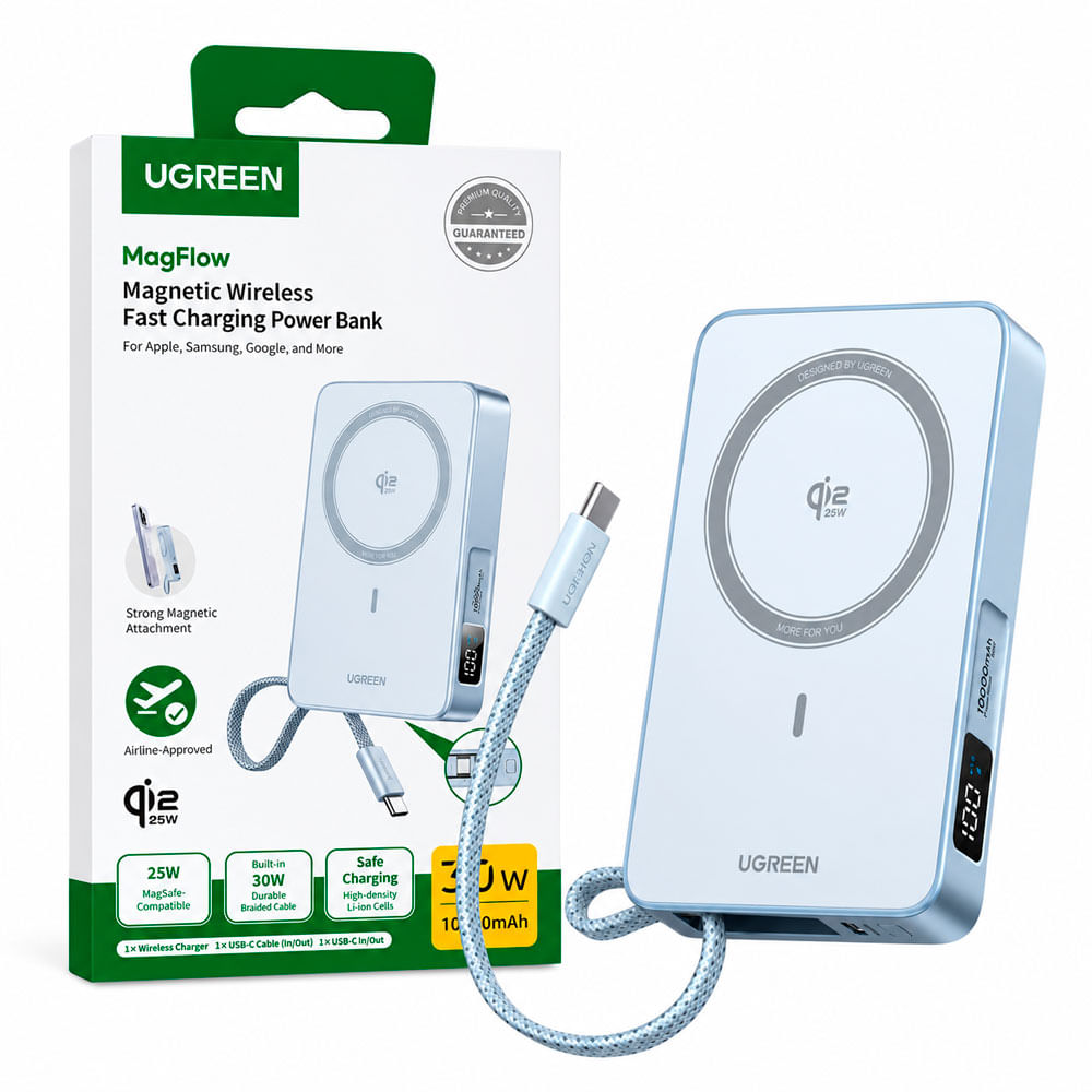 Power Bank Ugreen PB773 Magnético 10000mAh 25W Qi2 Con Cable USB-C Integrado