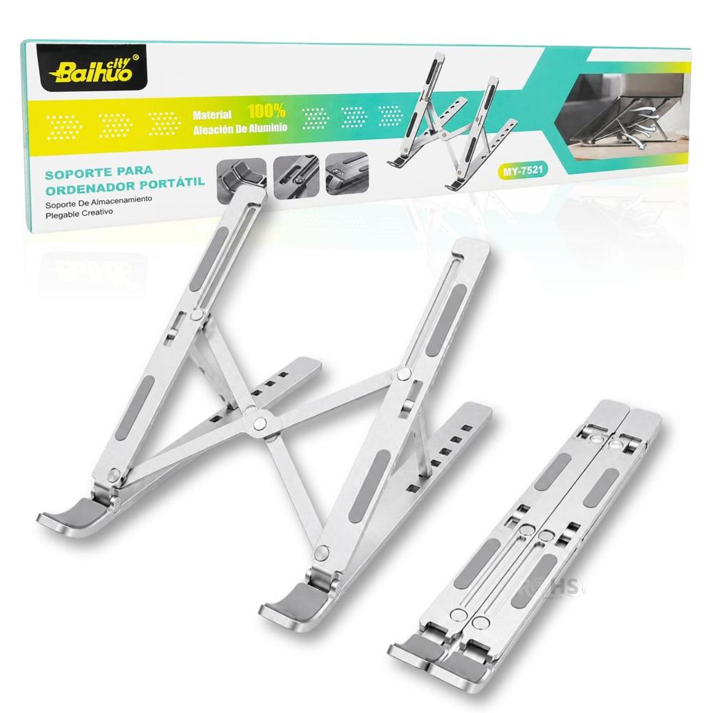 Soporte Para Laptop De Aluminio Plateado Plegable Con 6 Niveles Ajustables