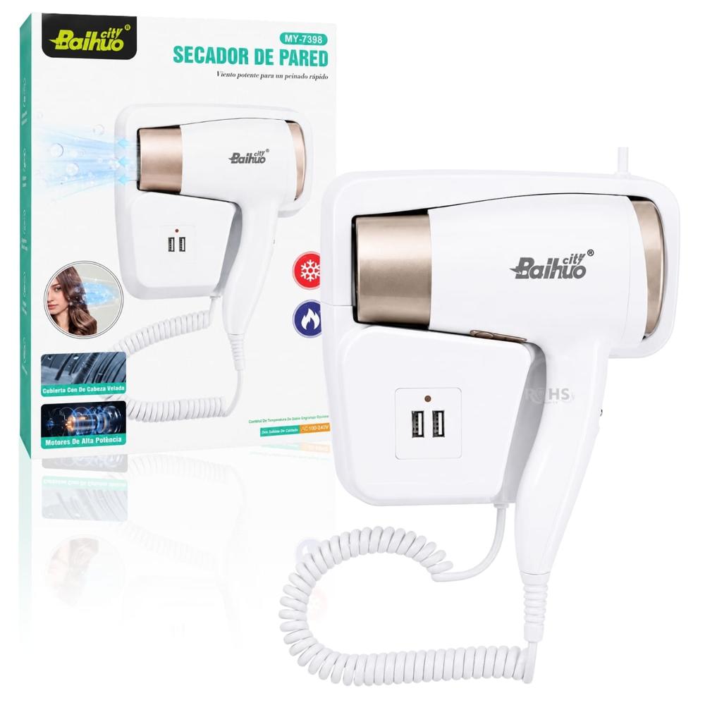 Secadora De Cabello De Pared Tipo Hotel Con Cargador Integrado