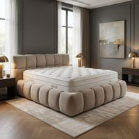 Cama Box Kiara 2 Plazas Beige Sofisticado Tarima y Cabecera TU MESITA