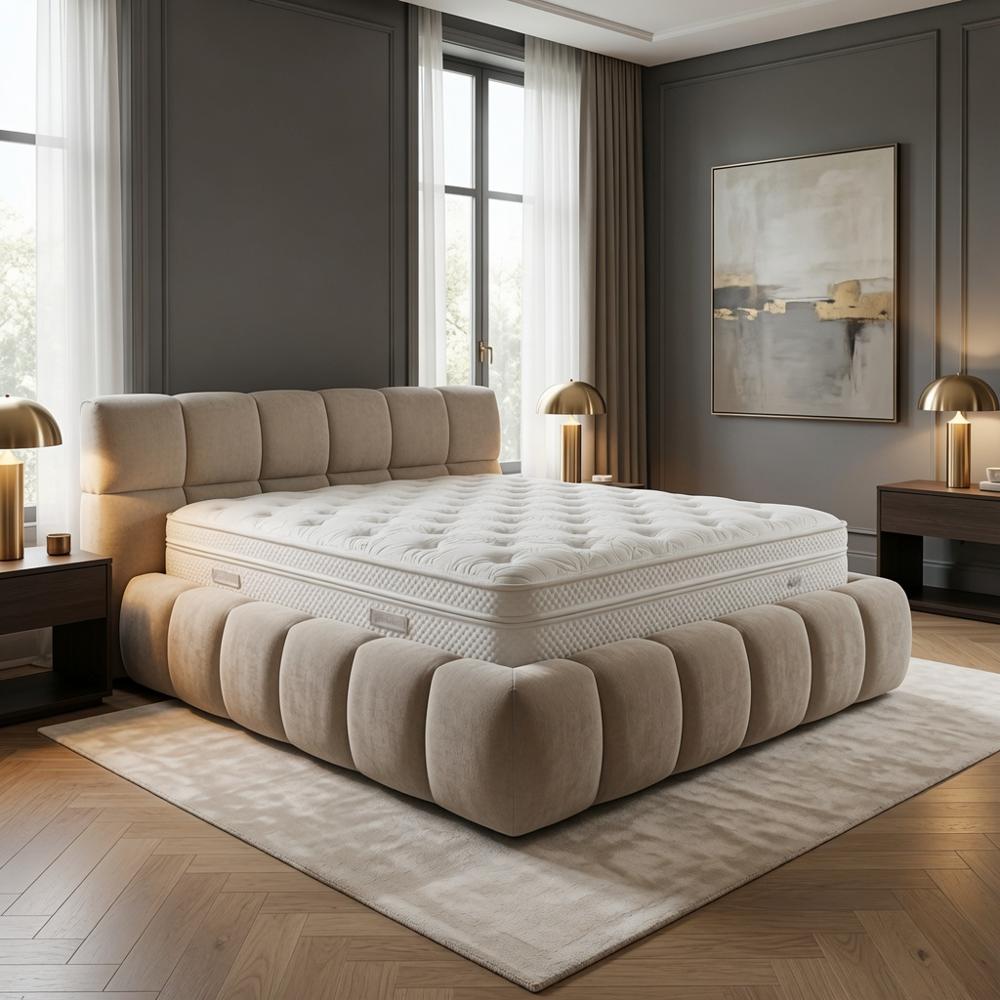 Cama Box Kiara King Beige Sofisticado Tarima + Cabecera TU MESITA
