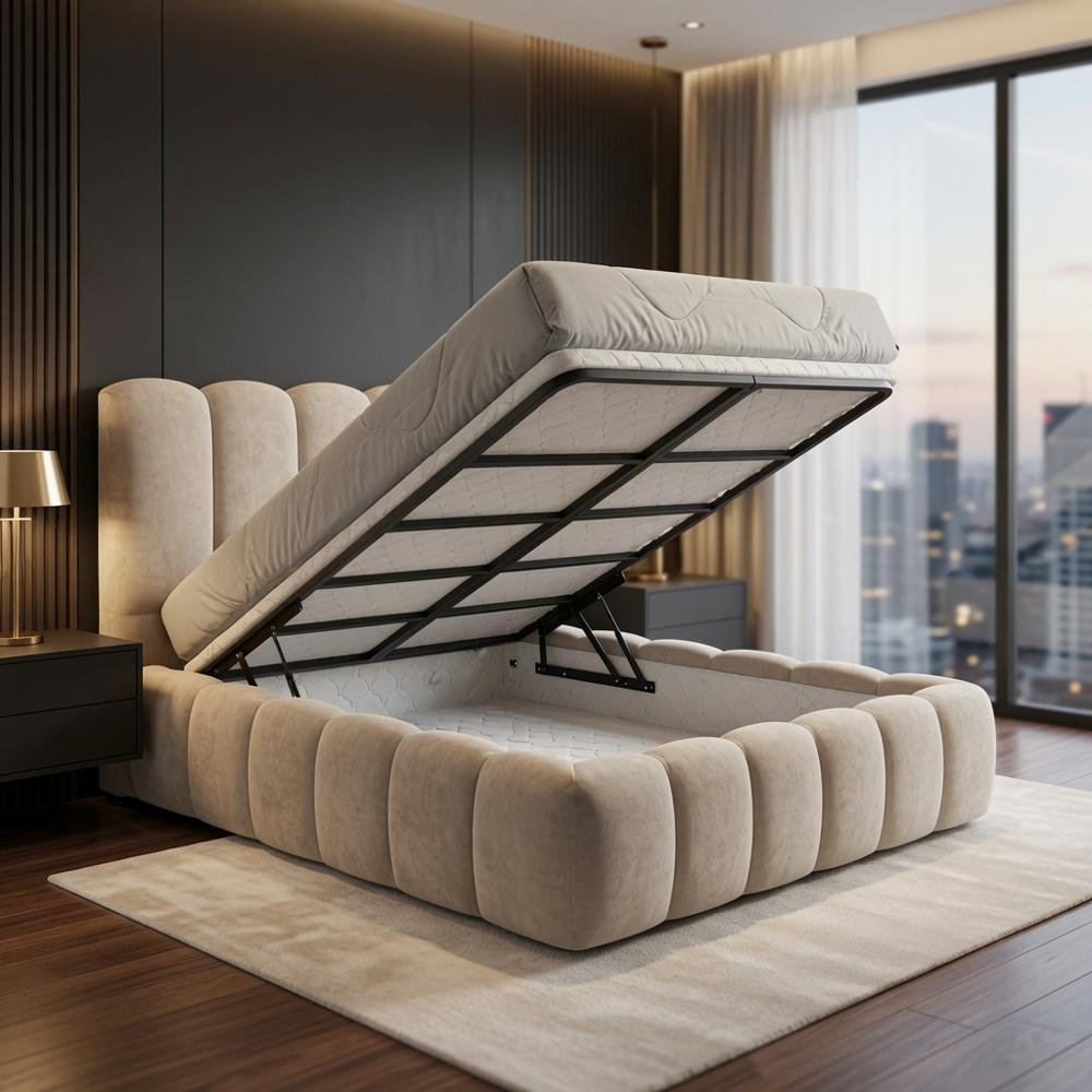 Cama Box Oriana Hidráulica Queen Beige Tarima + Cabecera + Sistema Hidráulico TU MESITA