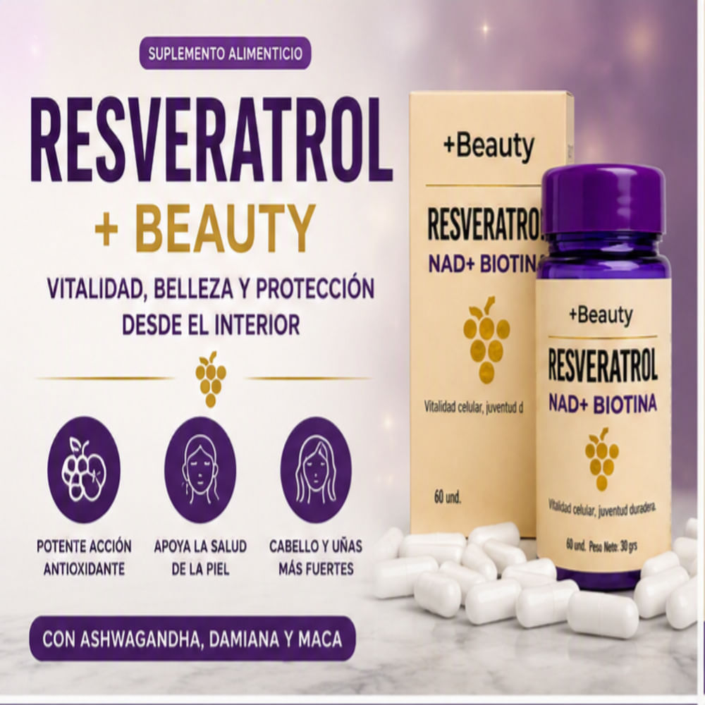 RESVERATROL BEAUTY NAD BIOTINA 60 CÁPSULAS ANTIOXIDANTE PARA PIEL CABELLO Y UÑAS