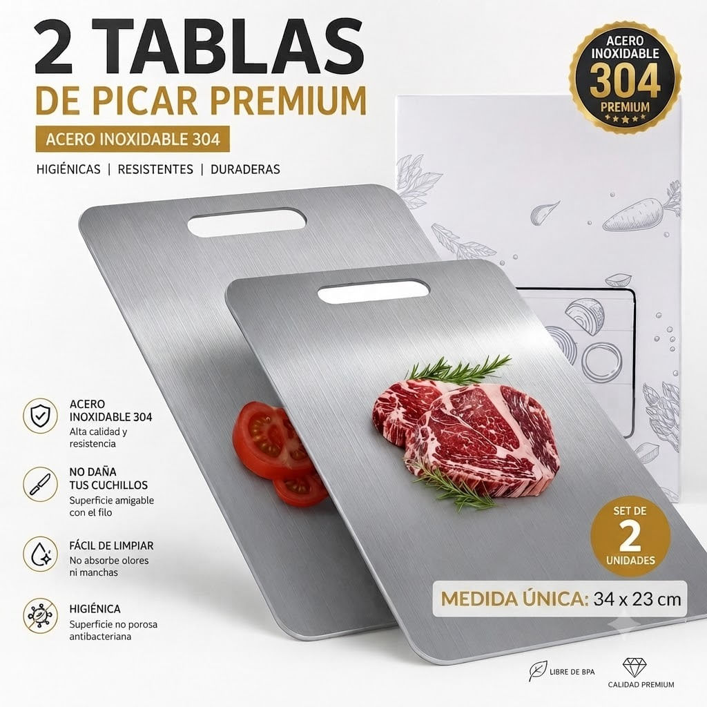 2 Tablas de Picar de Acero Inoxidable 34 x 23 cm Diseño Premium