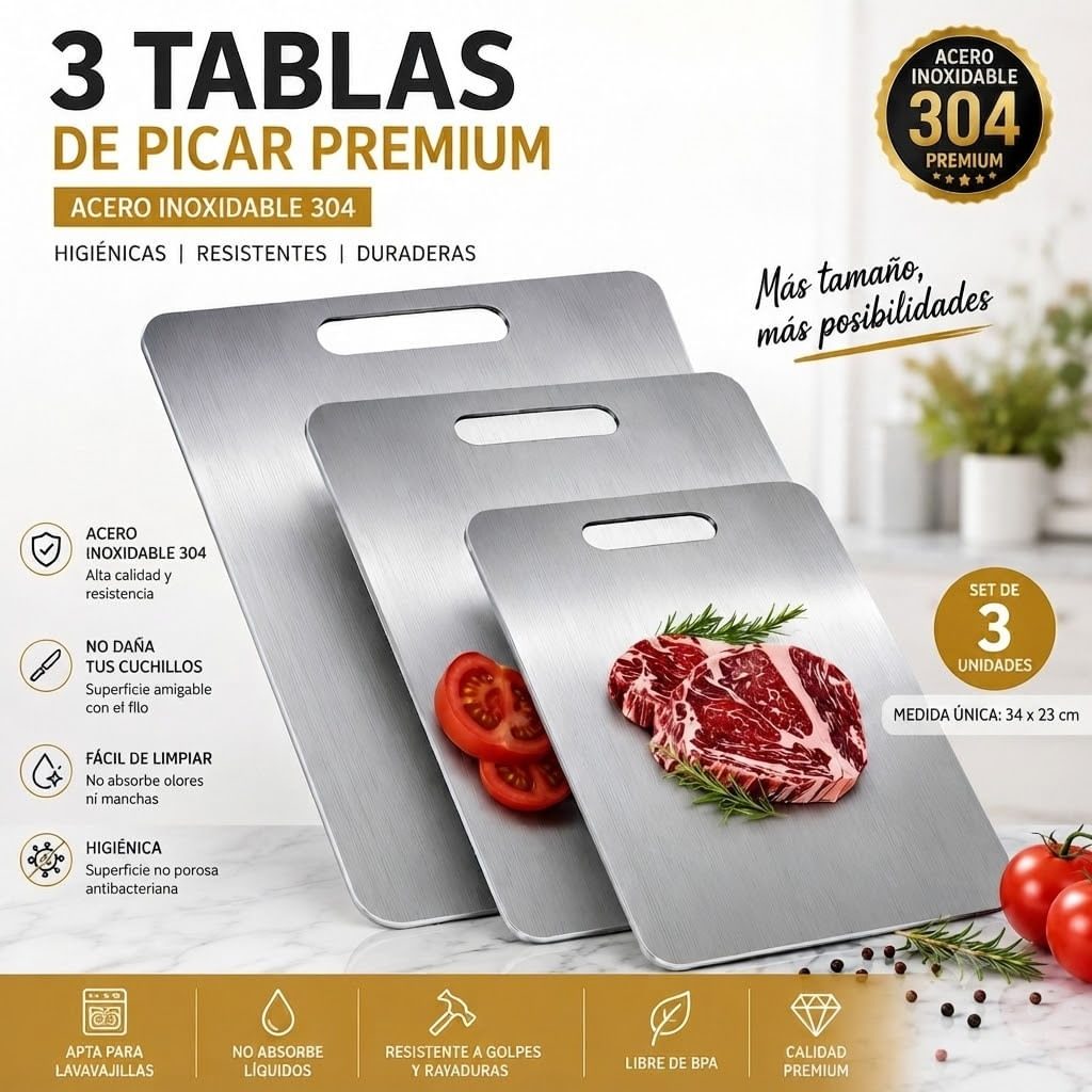 3 Tablas de Picar Acero Inoxidable 34x23 Diseño Premium