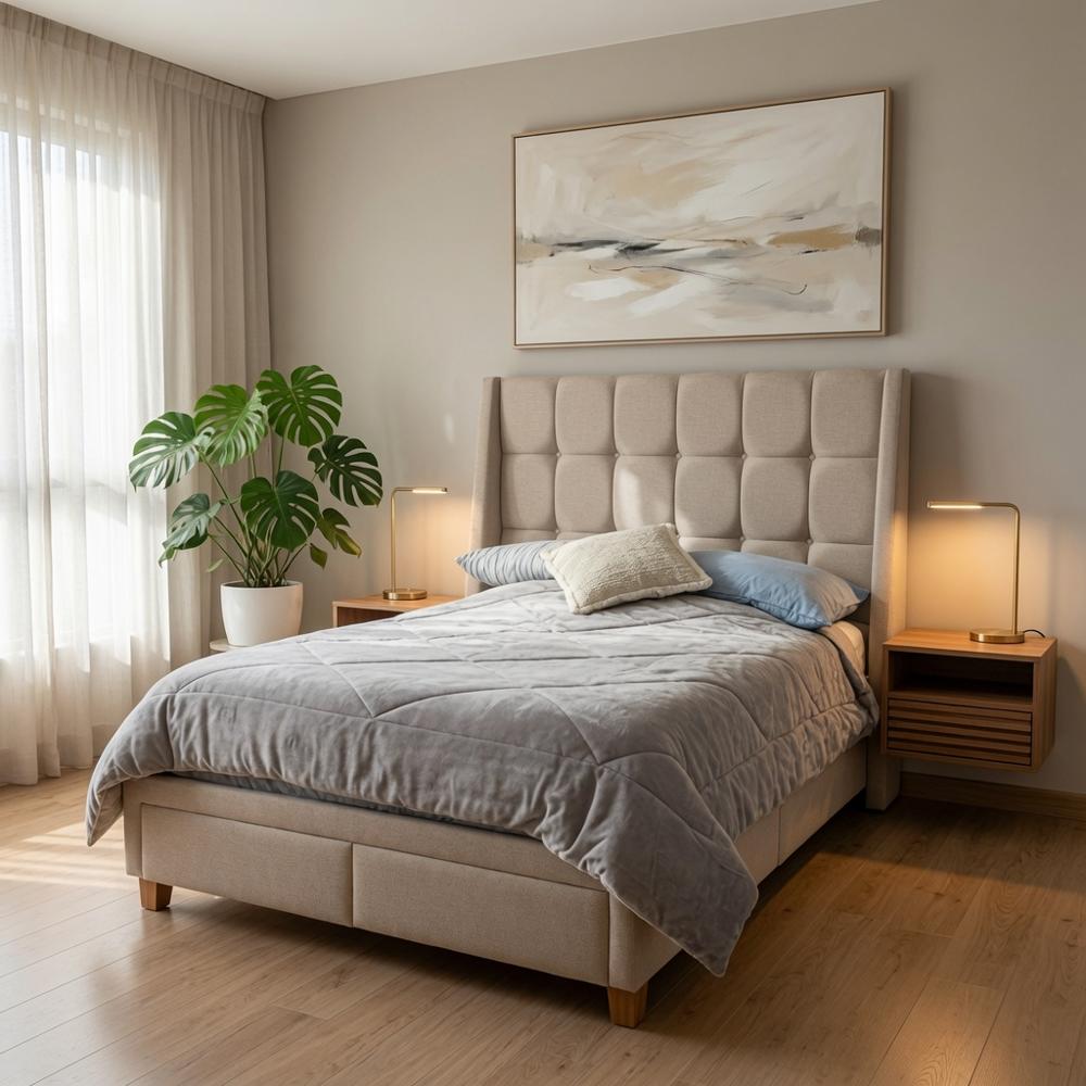 Cama Box Amelie Clasic King Beige Minimalista Tarima + Cabecera