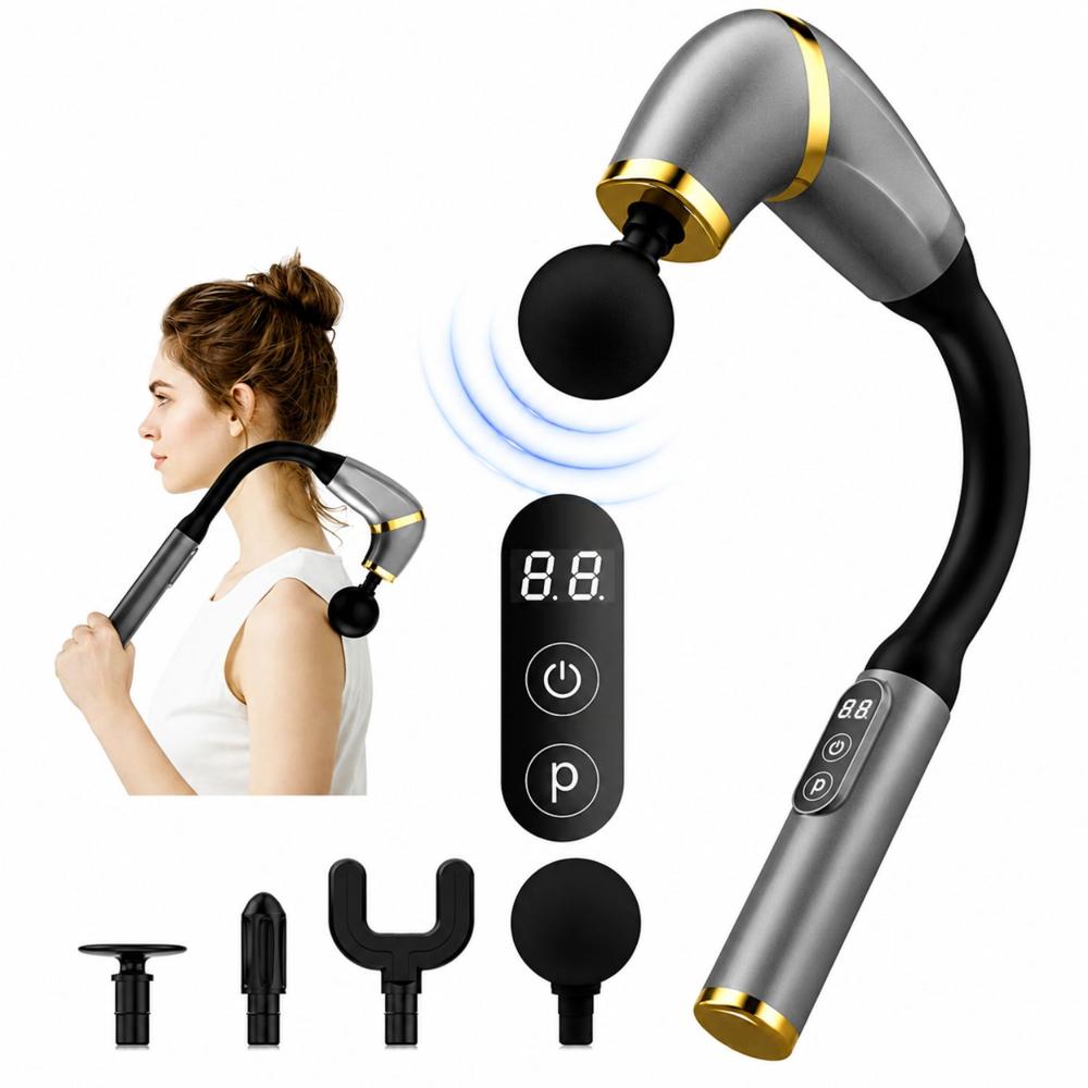 Masajeador Muscular Tipo Pistola de Tejido Profundo con Mango Extendido 6 Velocidades Gris