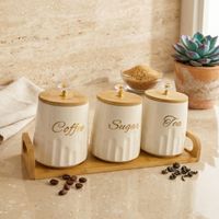 Set de 3 Frascos de Cerámica con Tapa de Bambú y Bandeja