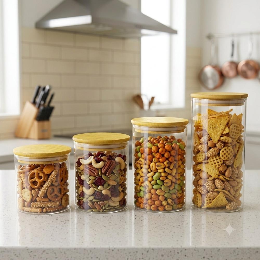 Set de Frascos de Vidrio con Tapa de Bambú Hermética para Cocina - 4 Piezas