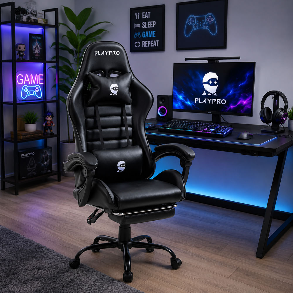 Silla Gamer Con Masajeador Lumbar Playpro X1 Negro Base De Metal