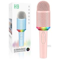 Micrófono Karaoke Inalámbrico H9 Color Rosa Recargable Con Luz RGB