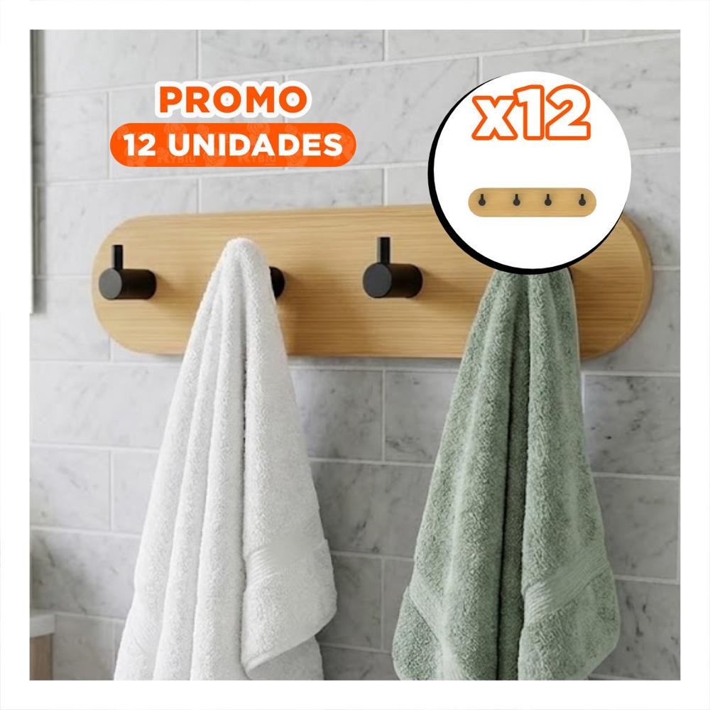 Pack12 Colgador de Bambu Negro Adhesivo 19x5cm para Pared con 4 Ganchos Moderno