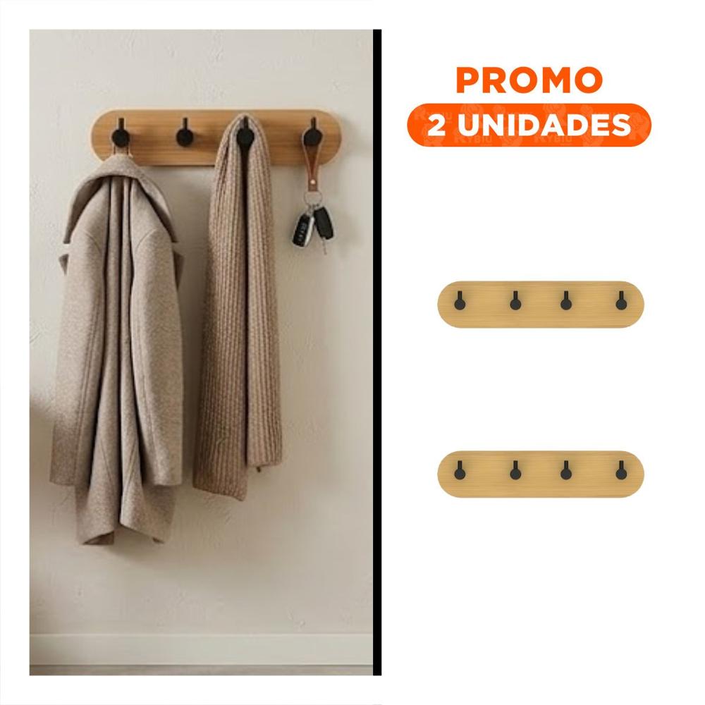 Pack2 Colgador con Adhesivo para Pared Bambu Negro 19x5cm y 4 Ganchos Funcionales