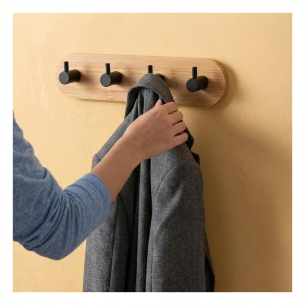 Perchero de Bambu Negro para Pared 19x5cm con 4 Ganchos Adhesivo Multiuso Y Sticky