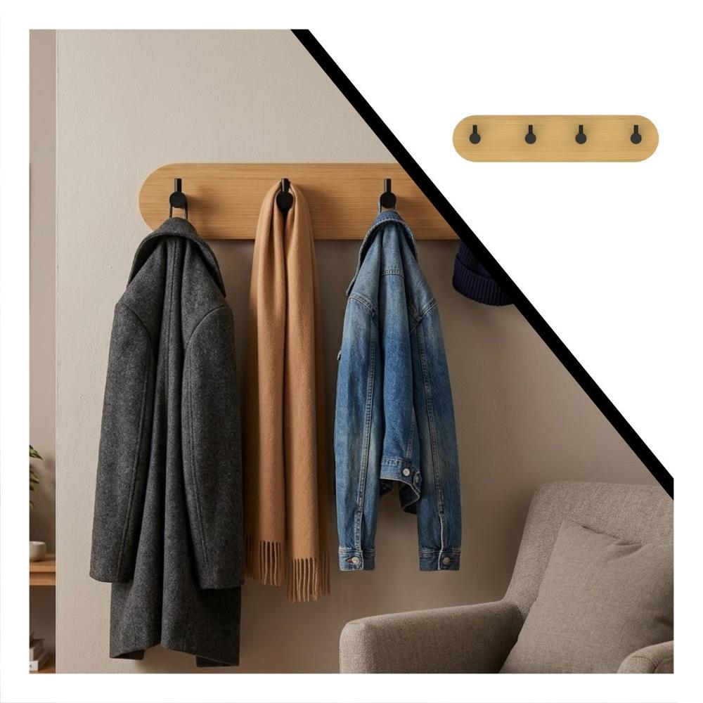 Sujetador para Dormitorio Bambu Negro de Pared Adhesivo con 4 Ganchos 19x5cm Y Ligas Regalo
