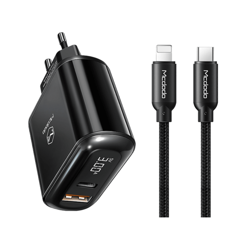 CARGADOR PARA IPHONE 20W MCDODO DOS PUERTOS DE CARGA RAPIDA CON PANEL DIGITAL USB-A y USB-C
