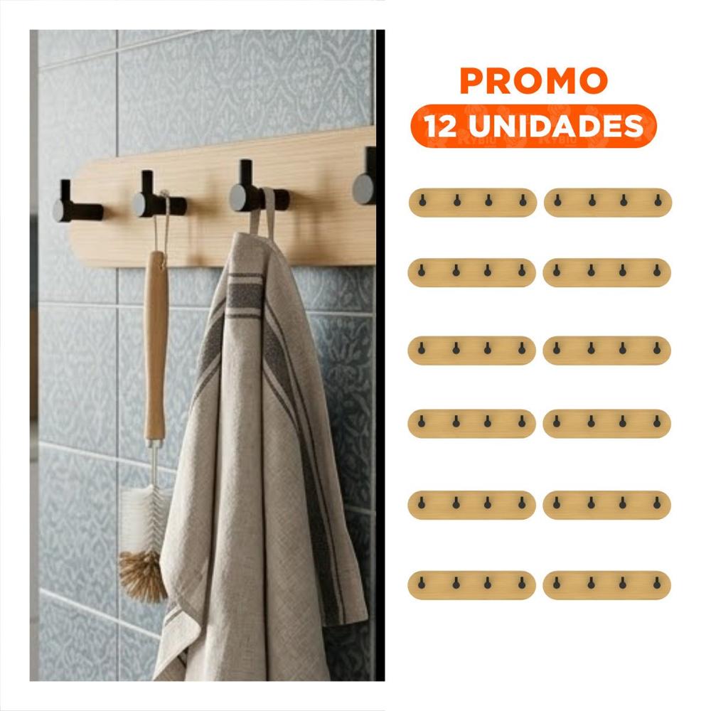 Pack12 Sujetador de Pared Bambu Negro con Adhesivo 19x5cm y 4 Ganchos Multiuso YRegalo Sticker