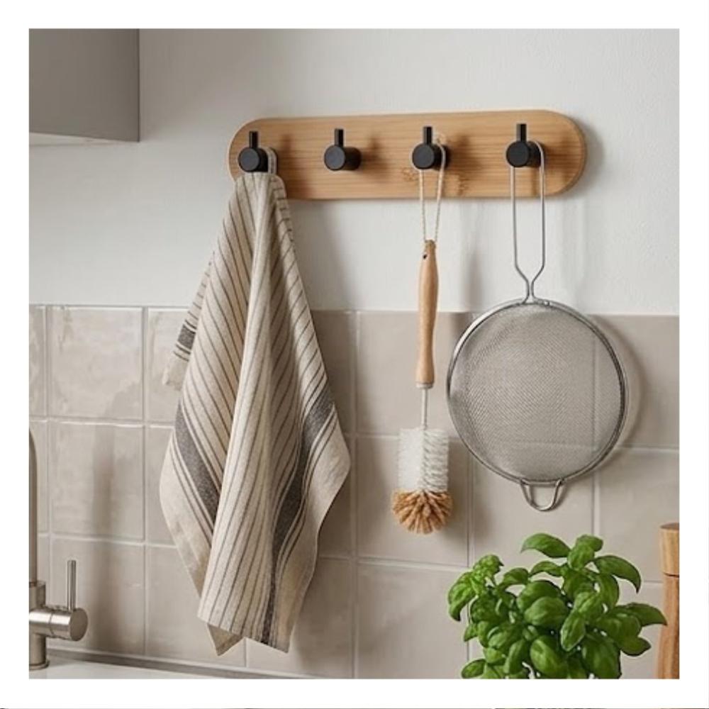 Gancho para Cocina Adhesivo de Pared Bambu Negro con 4 Ganchos 19x5cm Y Regalo Sticker