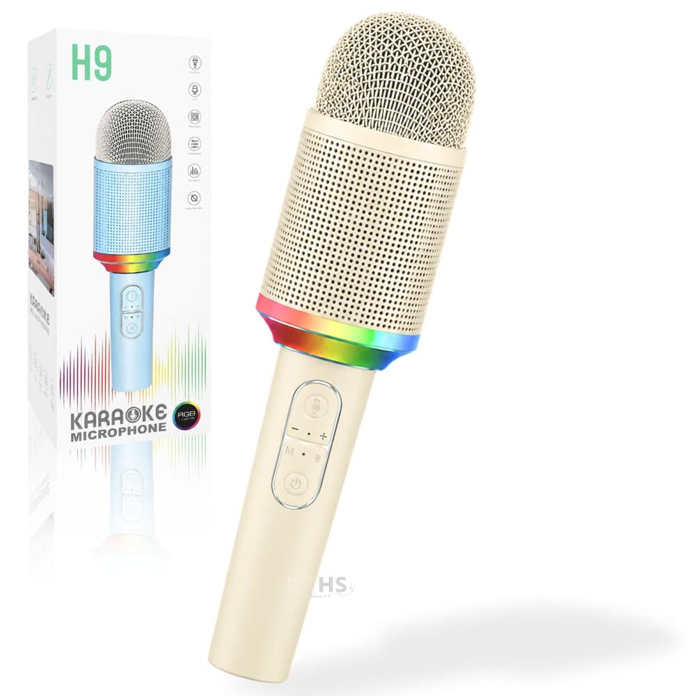 Micrófono Karaoke Inalámbrico H9 Color Dorado Con Luz RGB Recargable