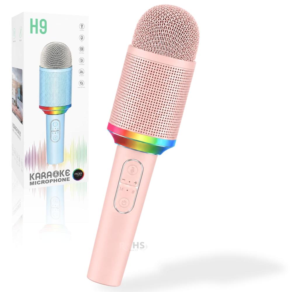 Micrófono Karaoke Inalámbrico H9 Rosa Con Luz RGB Recargable