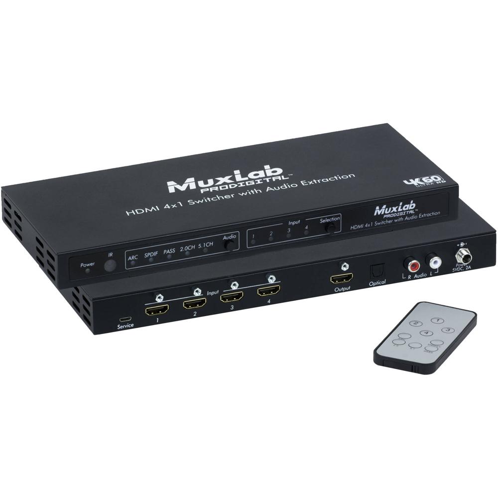 MuxLab Switcher HDMI 4x1 4K/60 con Extracción de Audio - Soporta 12-Bit Color y 3D, Contr