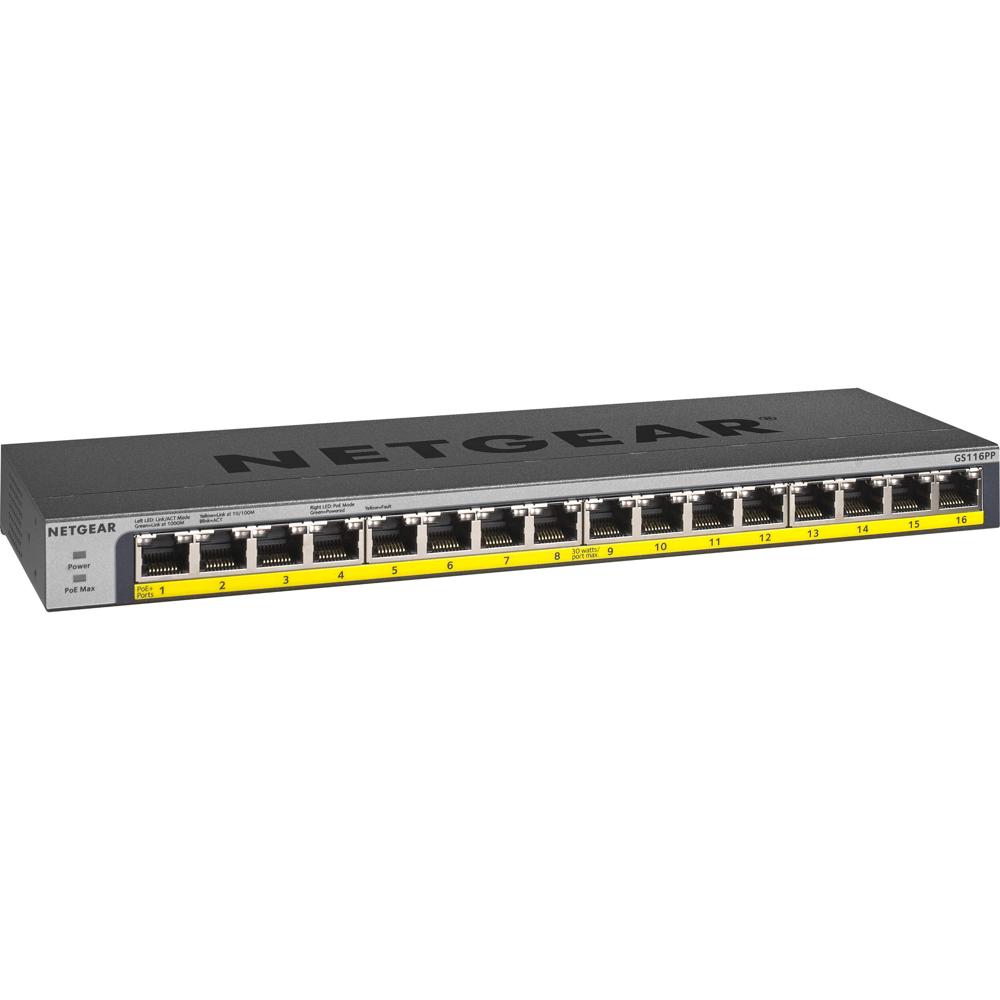 NETGEAR Switch GS116PP 16 Puertos Gigabit PoE+ 183W, Diseño Compacto y Sin Ventilador
